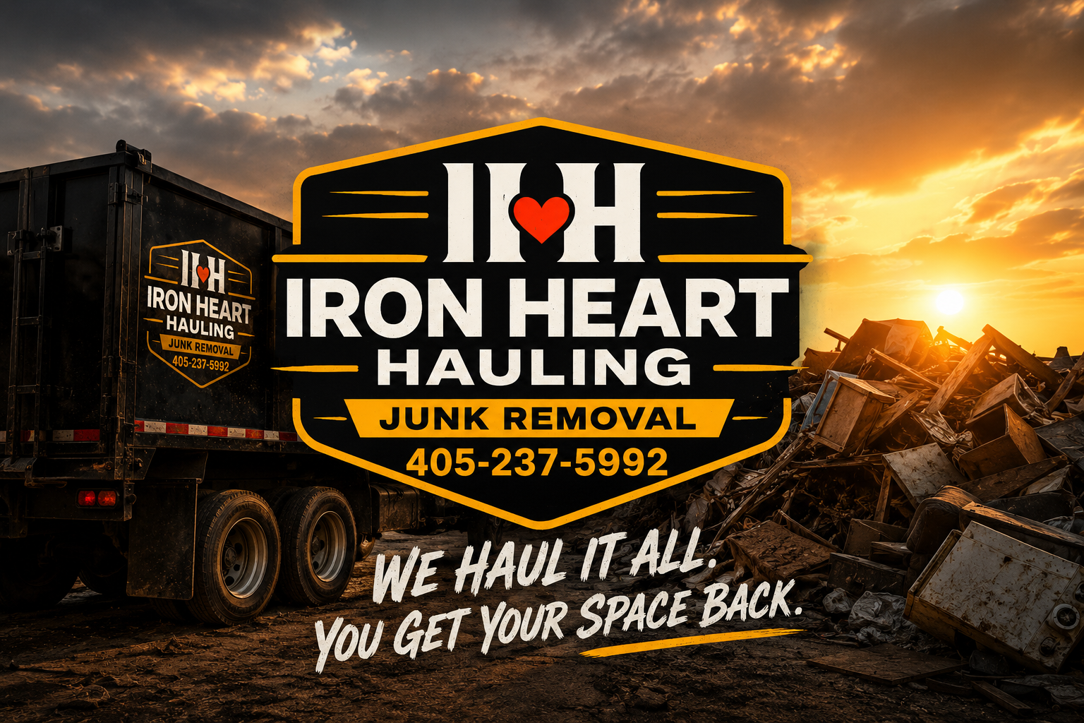 Iron Heart Hauling crew loading junk into a dump trailer